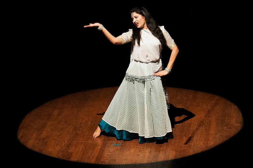 <p>Political science and pre-law senior Vinita Desai dances during Sargam 2012 on Sunday, Nov. 18, 2012, at Wharton Center. For this year’s Sargam event, the <span class="caps">MSU</span> Indian Students Organization performed its rendition of Ramayana, an ancient Indian epic. James Ristau/The State News</p>