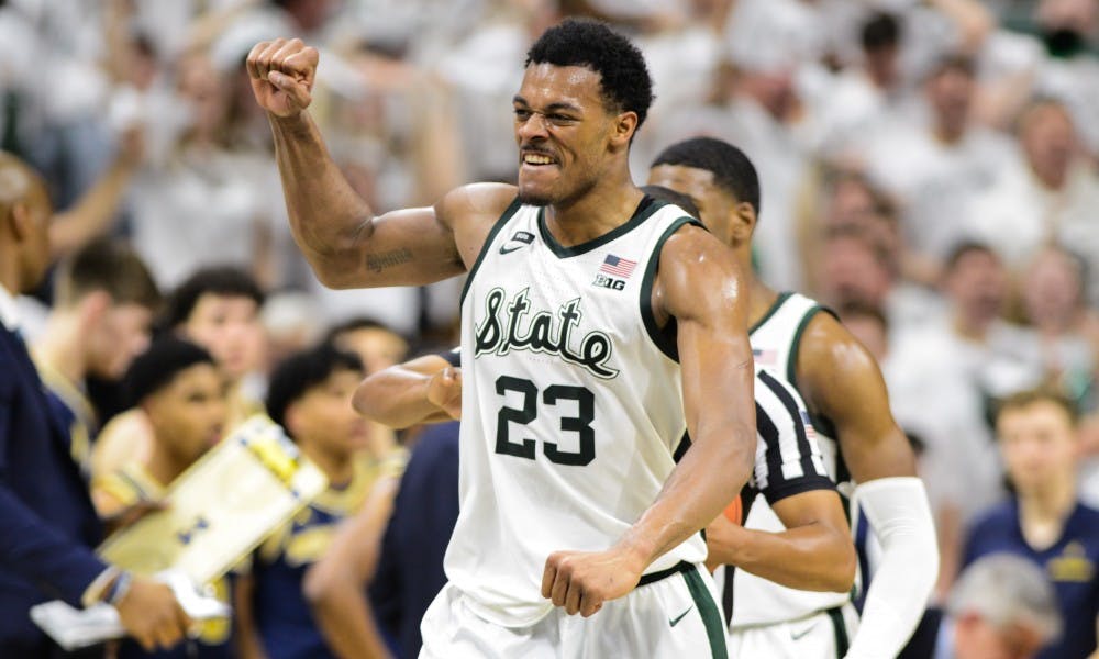 Sophomore forward Xavier Tillman (23) celebrates a turnover during the game against Michigan at Breslin Center March 9, 2019. The Spartans defeated the Wolverines, 75-63.