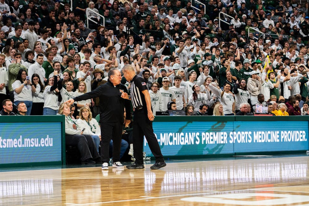 MSU basketball coach Tom Izzo has a heated argument with a referee at the Breslin Center in East Lansing on Thursday, Jan. 18, 2024. MSU received a technical foul for Izzo's protests.
