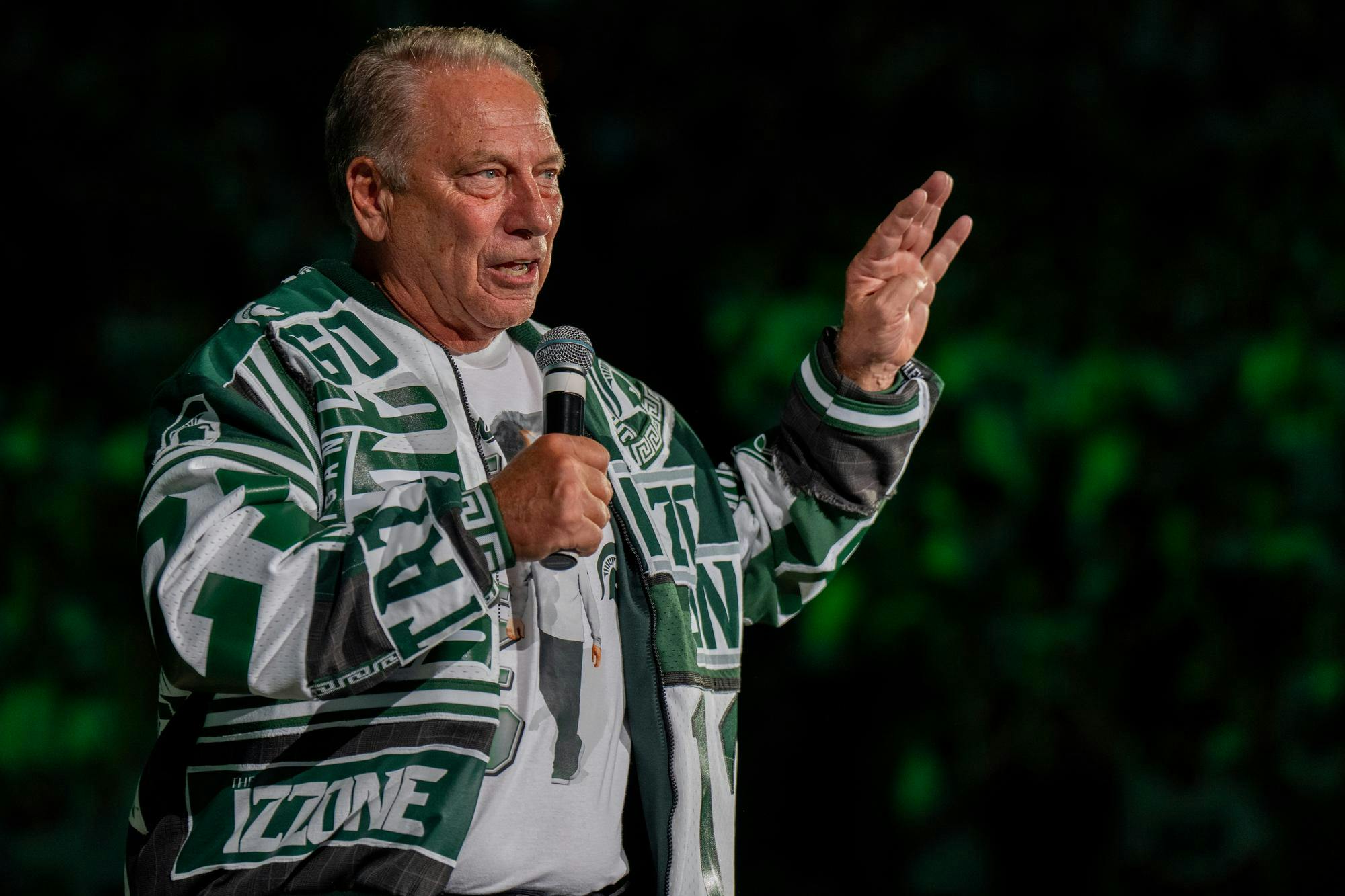 MSU Basketball Head Coach, Tom Izzo, speaks during the Midnight Madness event as a part of the Izzone campout festivities at the Breslin Student Event Center on Friday, October 3, 2025. 