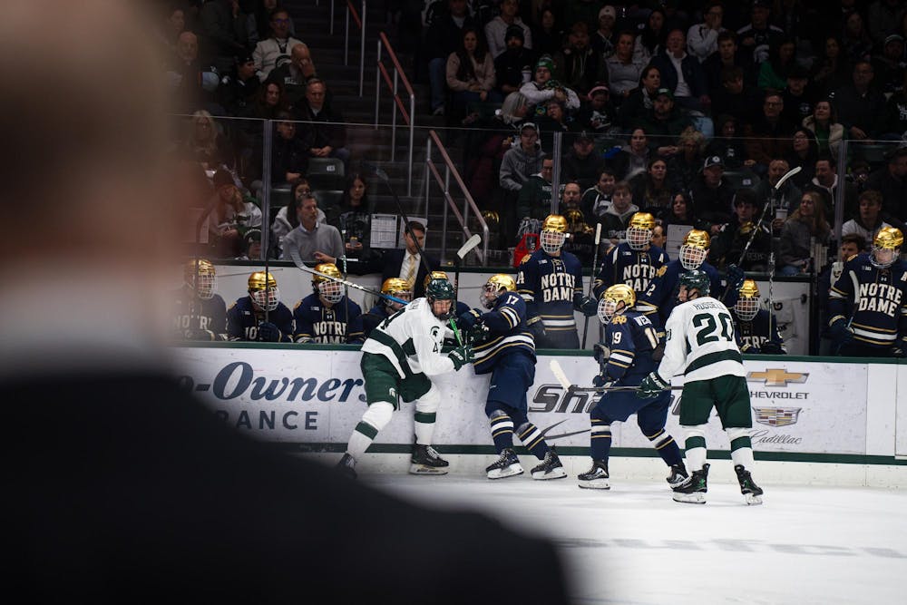 <p>Colin Ralph (4), a senior defenseman for the Michigan State University hockey team, and Pano Fimis (17), a freshman forward for the University of Notre Dame hockey team, push against each other on the ice at Munn Ice Arena in East Lansing, Michigan, on Friday, Feb. 20, 2026.</p>