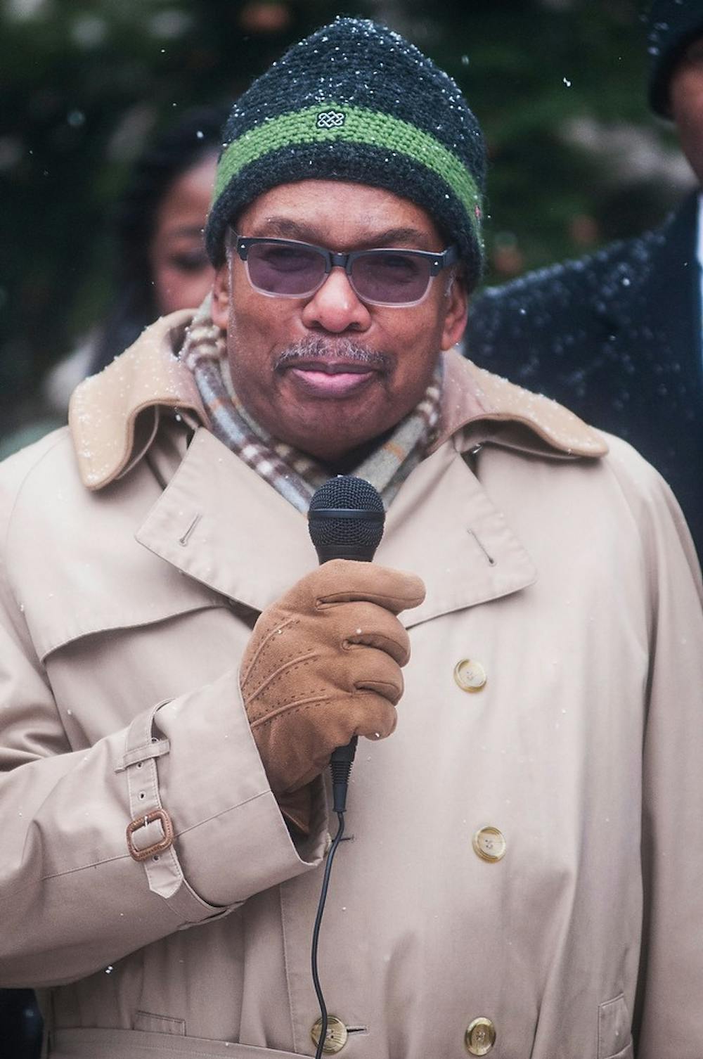 	<p><span class="caps">MSU</span> alumnus Ernest Green, of the Little Rock Nine, spoke to the marchers Jan. 20, 2014, at the Beaumont Tower. The march started from the <span class="caps">MSU</span> Union and ended at the Beaumont Tower. Erin Hampton/ The State News</p>