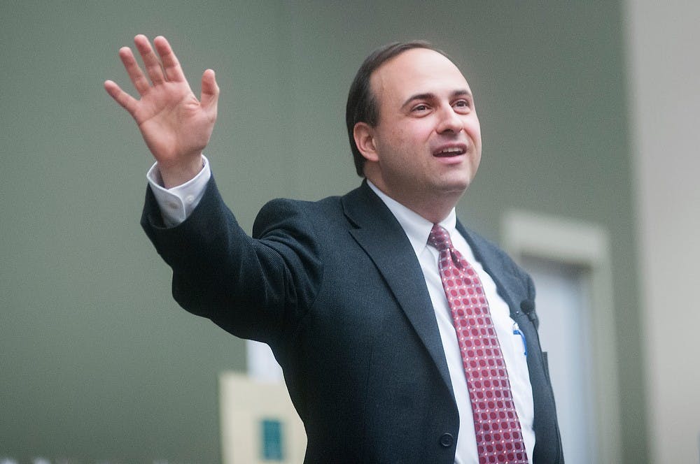 	<p>New York Times best selling author Dr. Thomas E. Woods speaks about his book &#8220;Meltdown,&#8221; which discusses the stock market crash of 2008, in front of a small crowd on Dec. 4, 2012, in room N130 of the Business College Complex. Woods was hosted by the Michigan State College Libertarians and <span class="caps">ASMSU</span>, <span class="caps">MSU</span>&#8217;s undergraduate student government. Danyelle Morrow/The State News</p>