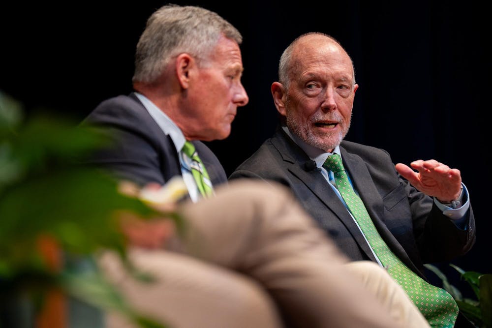 Ted Mitchell, president of the American Council on Education and former U.S. under secretary of education speaks during the first Presidential Speaker Series, a panel discussion is held at the Wharton Center for Performing Arts on Michigan State University’s campus in East Lansing, Mich., on Tuesday, March 17, 2026.