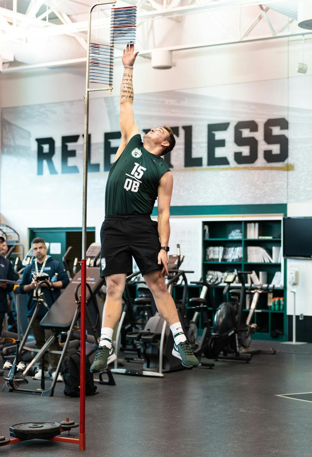 <p>Michigan State graduate student Anthony Russo for his vertical jump, on Mar. 16, 2022 at the Duffy Daugherty Indoor Football Building.</p>