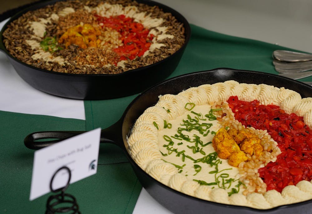 Dips displayed at the Excellence in Insect Science Symposium, to be served with pita chips with cricket salt on May 16, 2024. 