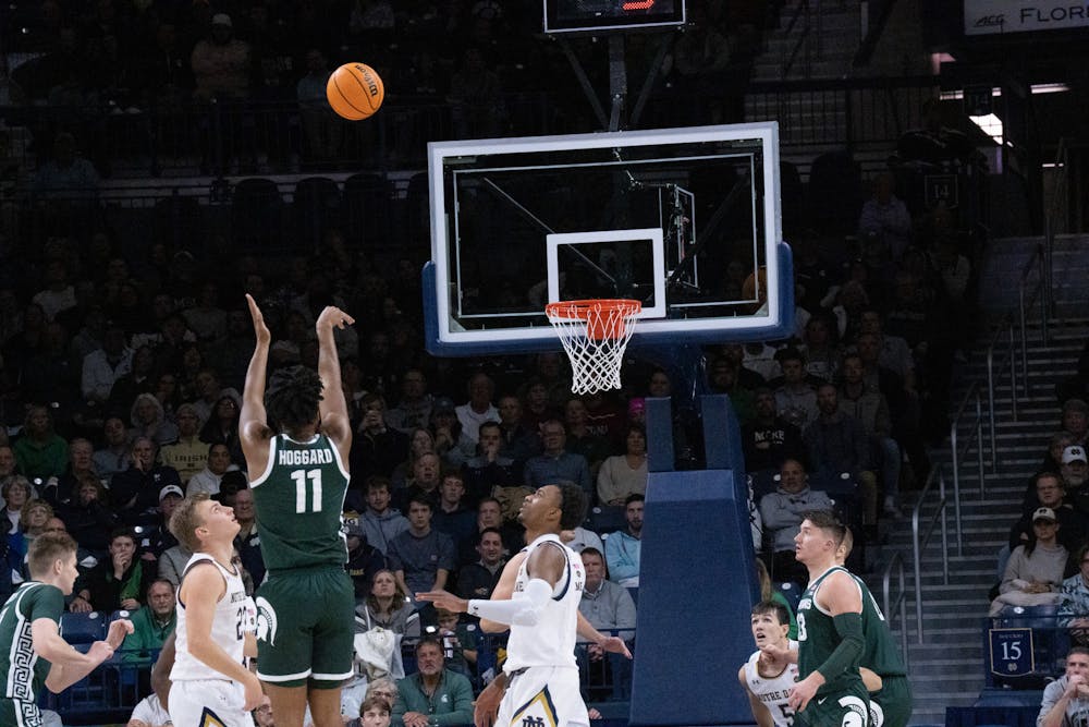 <p>Junior Guard A.J. Hoggard attempting a shot during the Notre Dame v. MSU game held at the Joyce Center on November 30, 2022. The Spartans lost to the Fighting Irish 52 -70.</p>