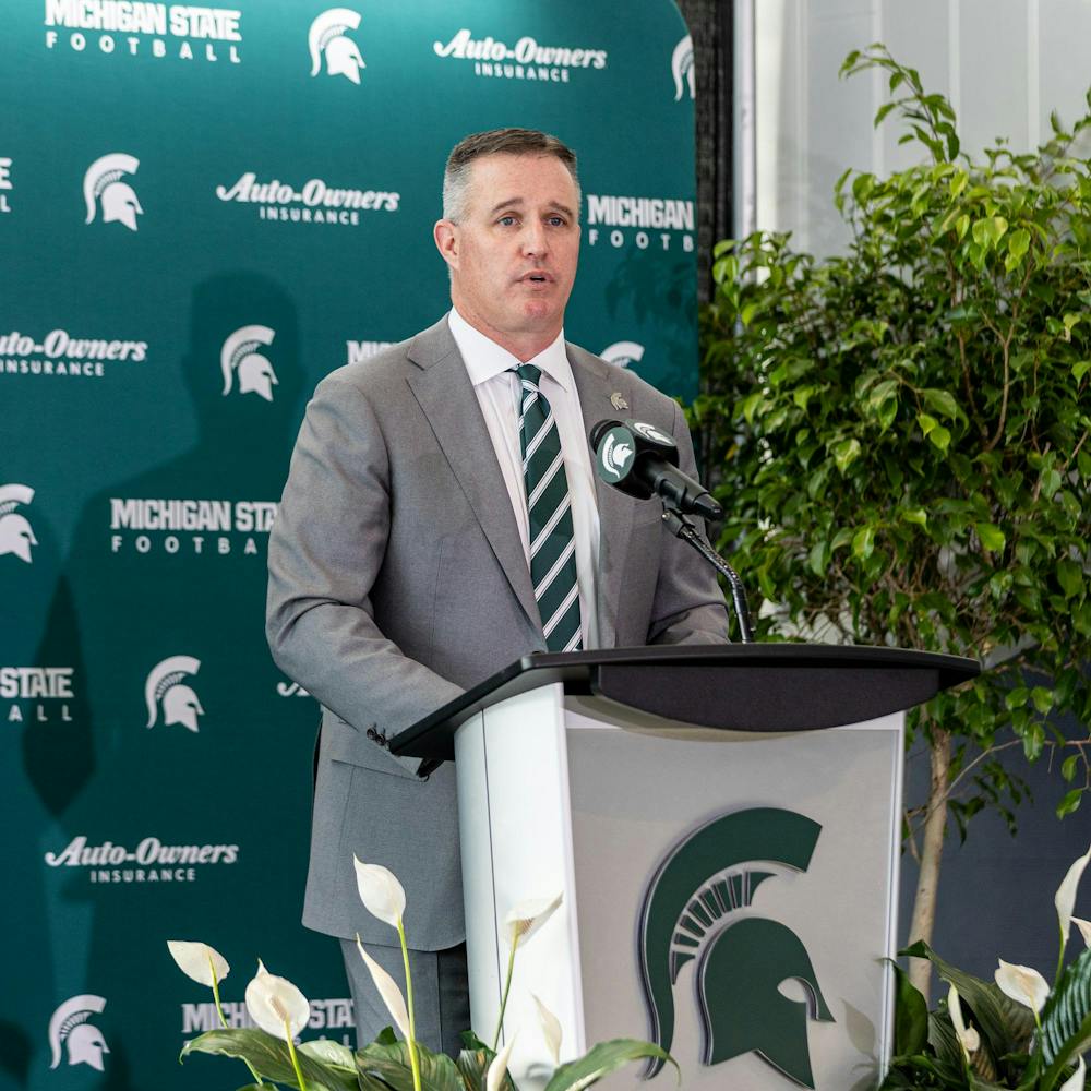 MSU's new football HC Pat Fitzgerald addresses a question from the crowd in the Tom Izzo football building in East Lansing, MI on Dec. 2, 2025.