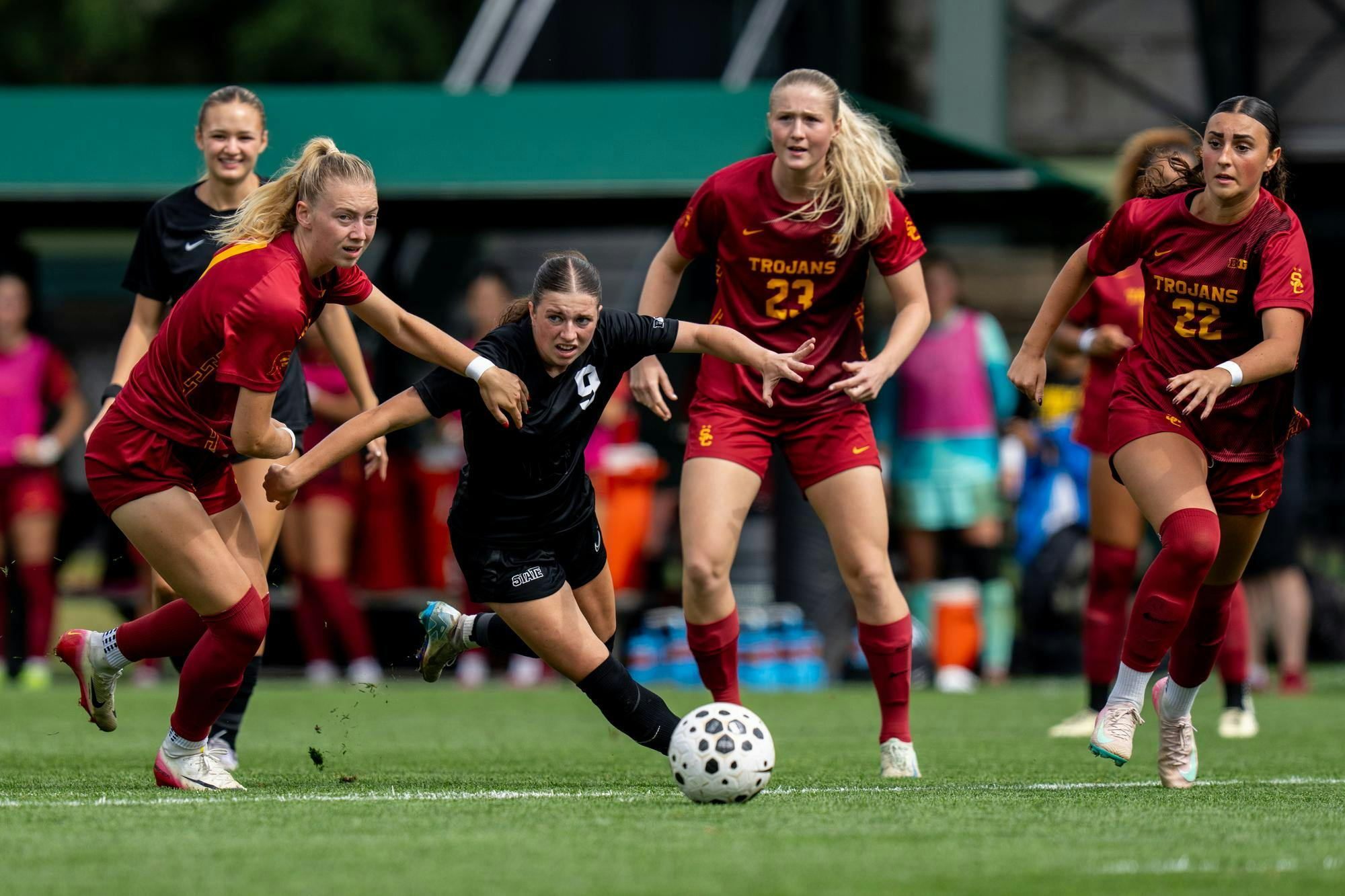 <p>MSU midfielder, Kayla Briggs (9) strides down the field during the MSU versus USC Women's Soccer game at Michigan State Universities DeMartin Soccer Stadium on Sunday, Sept. 21, 2025.</p>