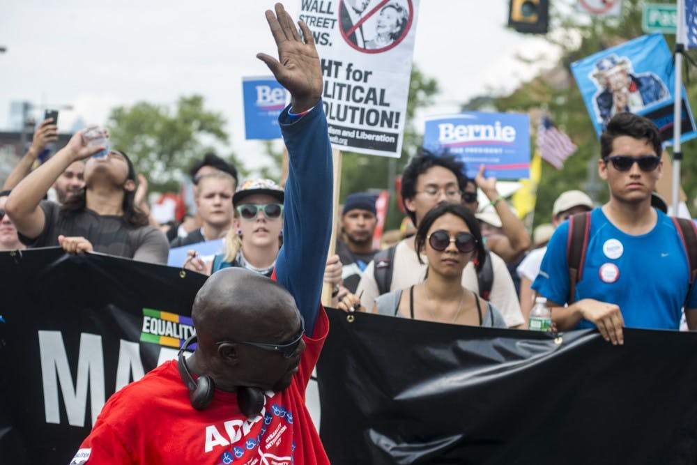 Philadelphia resident Tony Brooks leads a march during the Democratic National Convention on July 25, 2016 on Broad St. in Philadelphia, PA. 