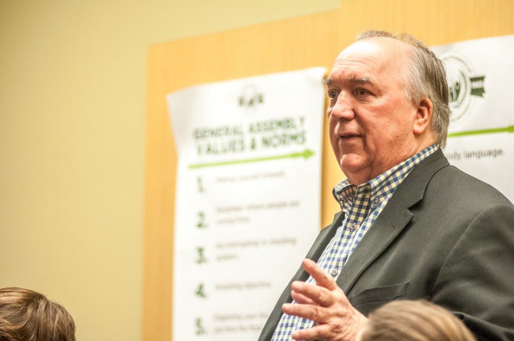 Interim president John Engler speaks with ASMSU students on March 29, 2018 at the Student Services Building. 
