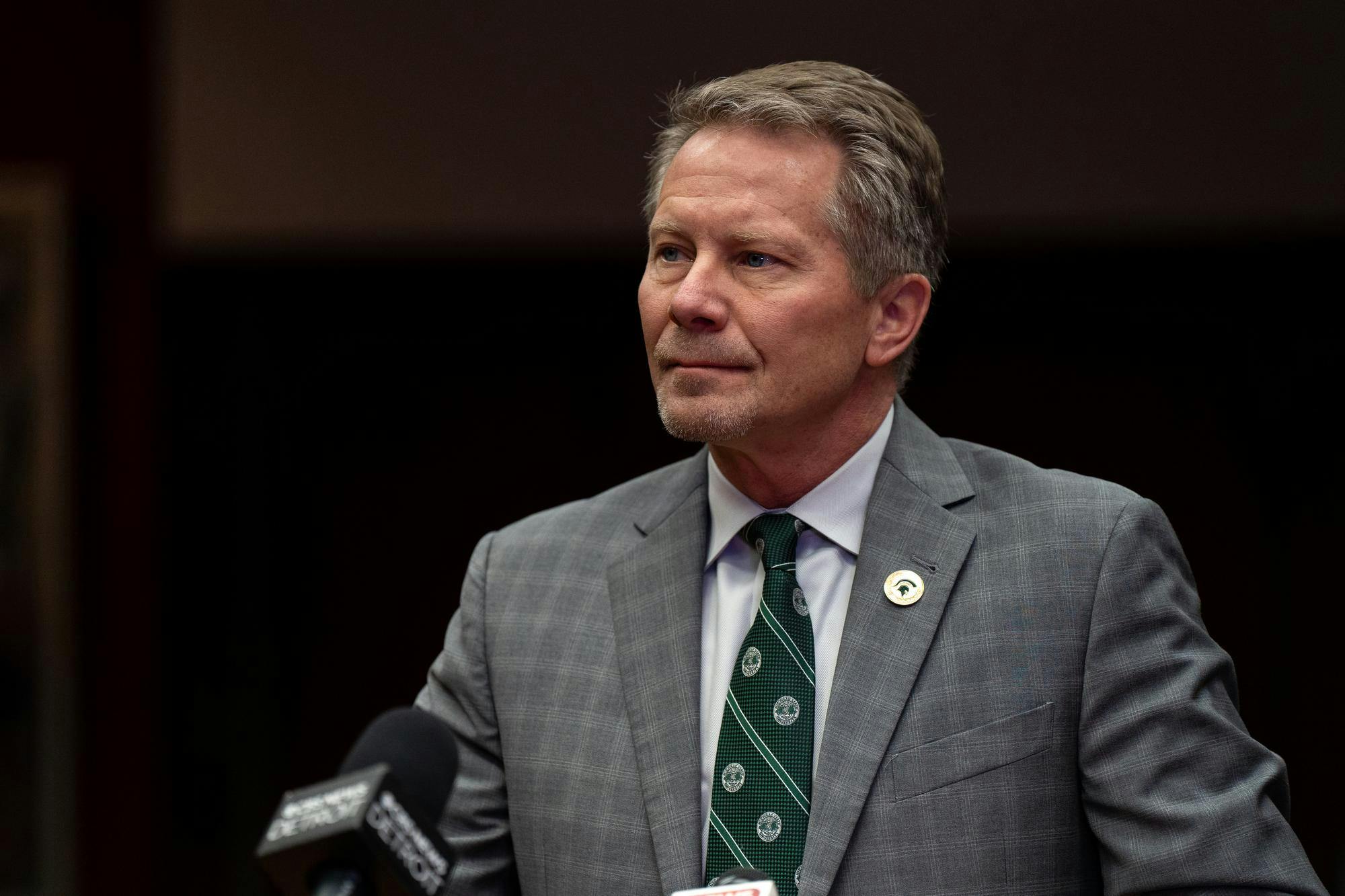 MSU President-elect Kevin Guskiewicz speaking with the media at the Hannah Administration Building on Dec. 11, 2023.  This was a chance for the media to meet Guskiewicz as he prepares to take the role of Michigan State University’s president on March 4, 2024.
