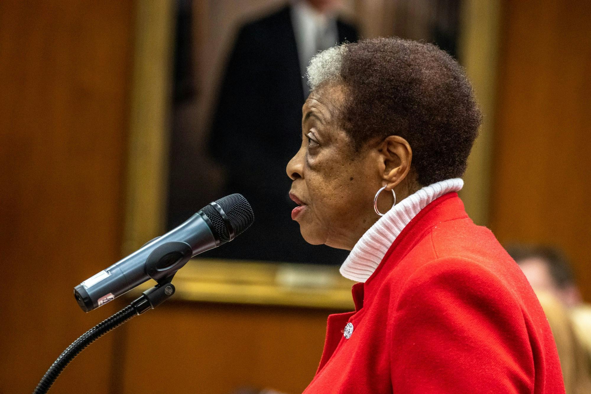 <p>President of the Michigan State University Black Faculty, Staff and Administrators Association Eunice Foster speaks at the Board of Trustees Meeting on Dec. 13, 2019.</p>