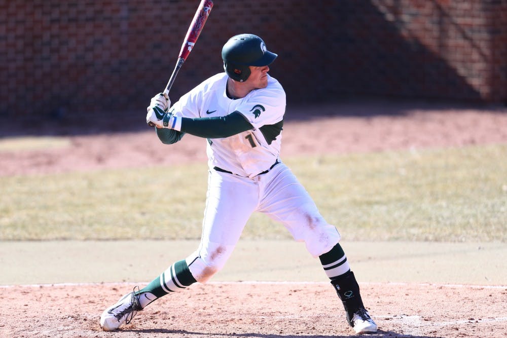 <p>Blaise Salter bats during the MSU vs. Central Michigan University game on&nbsp;March 24&nbsp;at the&nbsp;McLane Baseball Stadium. Photo: Rey Del Rio/ MSU Athletic Communications</p>