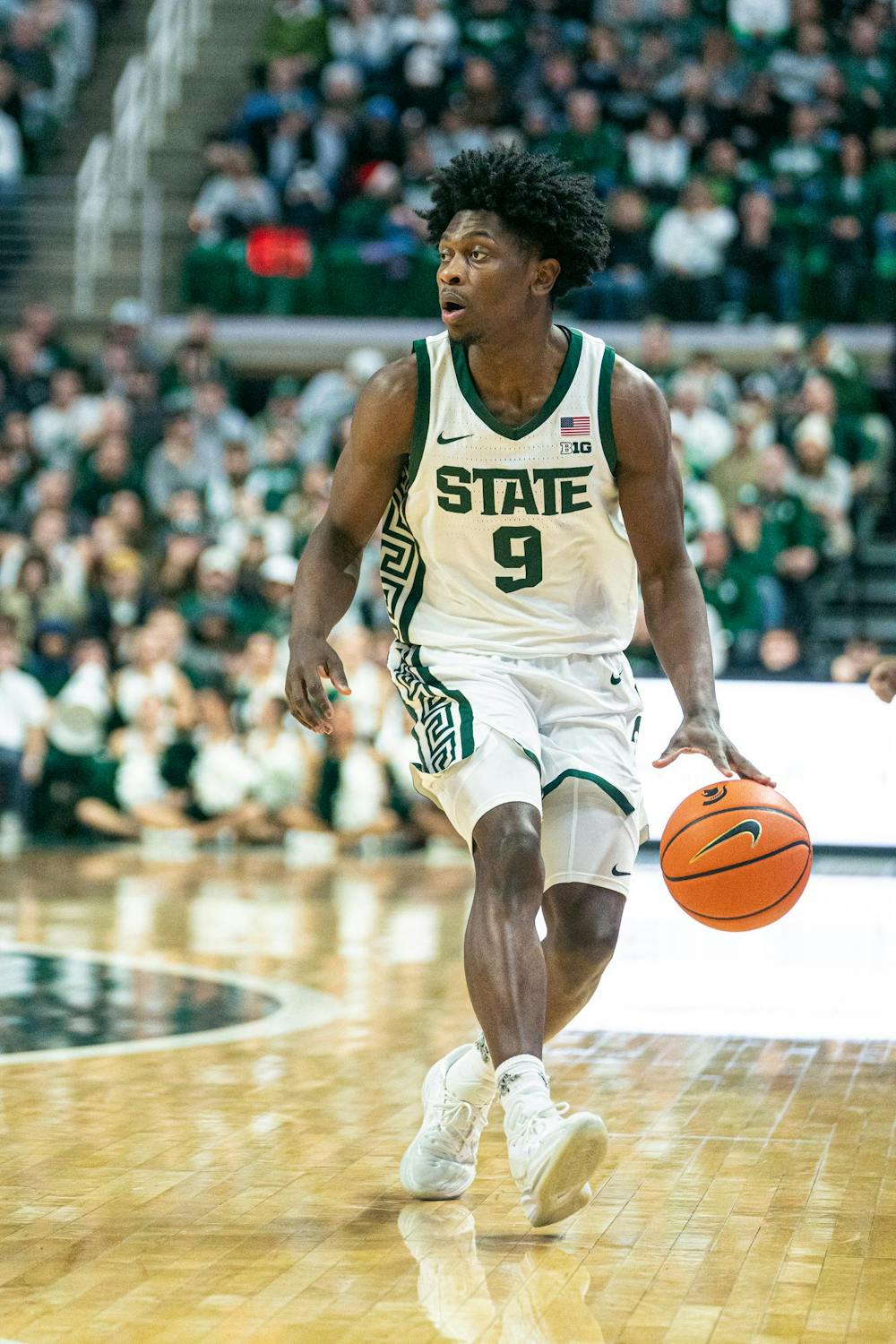 <p>MSU senior guard, Trey Fort (9) makes his way down the court while looking for an opening to pass or shoot during the MSU versus Toledo men's basketball game at the Breslin Center in East Lansing, Michigan on Tuesday, Dec. 16, 2025.</p>