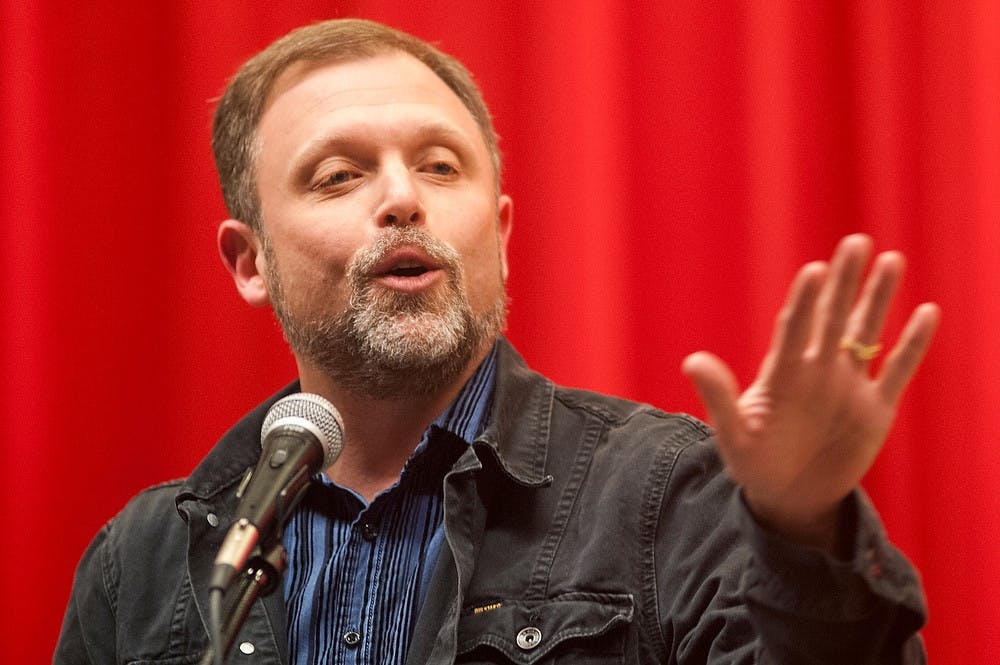 	<p>Author Tim Wise gives his speech titled &#8220;What do white guys know about race and gender?&#8221; on Wednesday, March 20, 2013, at Kellogg Center&#8217;s auditorium.  Justin Wan/The State News</p>