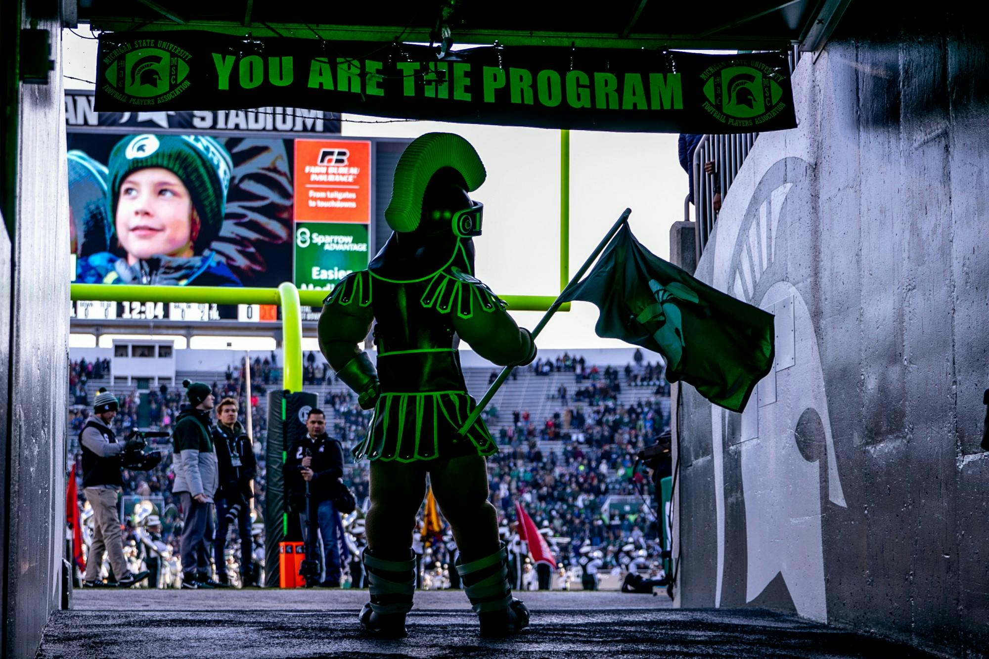 <p>Sparty stands in the tunnel before the game against Illinois on Nov. 9, 2019, at Spartan Stadium.</p>