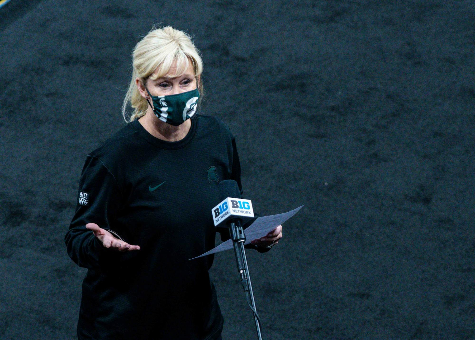 <p>Women&#x27;s basketball Head Coach Suzy Merchant gives a short statement seconds after the team&#x27;s win against Penn State. The Spartans defeated the Lady Lions, 75-66, on the second day of the Big Ten Tournament hosted at Bankers Life Fieldhouse in Indianapolis. Shot on March 10, 2021.</p>