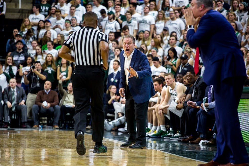 Head Coach Tom Izzo yells during the game against Rutgers on Feb. 20, 2019 a the Breslin Center. The Scarlet Knights led the Spartans, 32-25 at halftime.