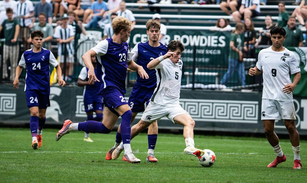 <p>MSU junior defender, Brandon Munson (5) is chased down by the Niagara soccer team on the way to their goal during their match at DeMartin Stadium in East Lansing, Mich., on Sunday, Aug 30, 2026.</p>