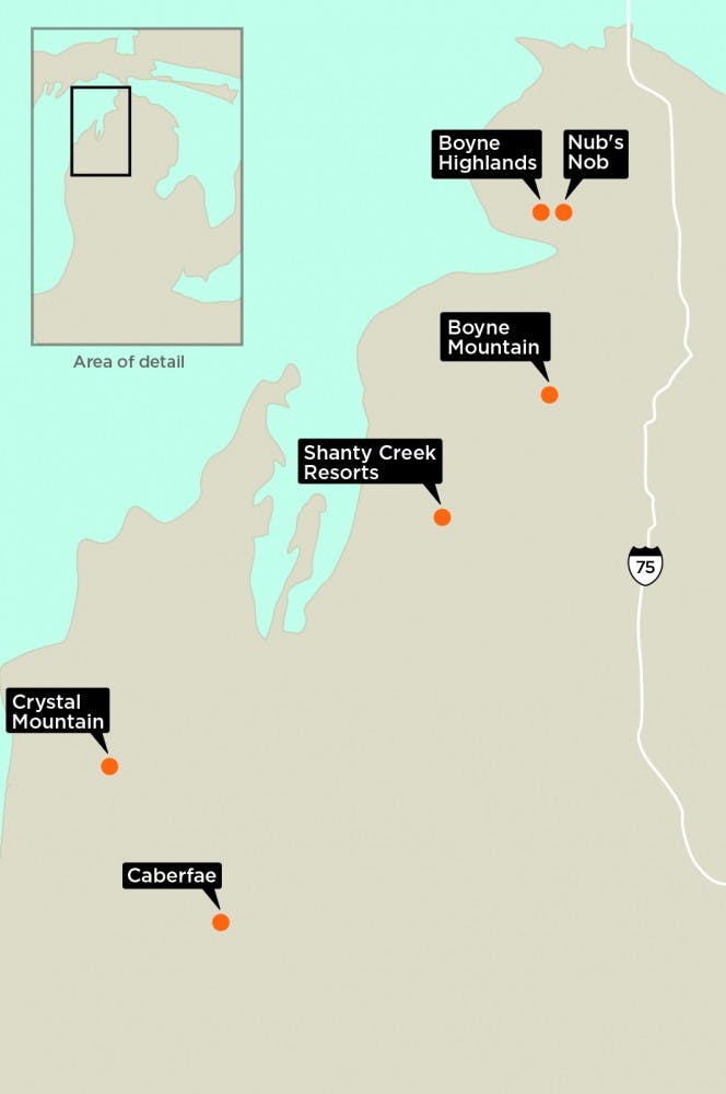 	<p>Places to ski and snowboard in Michigan. </p>