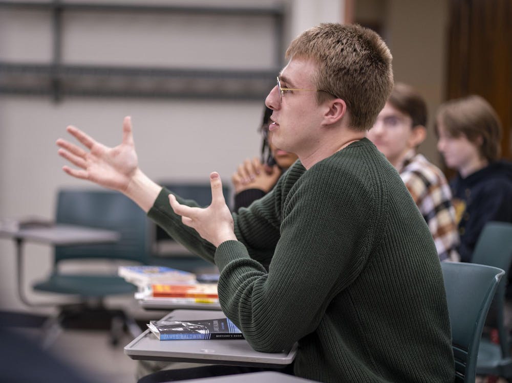 <p>English education sophomore Brayden Chrisman participates in discussion during Sigma Tau Delta's Banned Book Night at Wells Hall on April 21, 2025.</p>