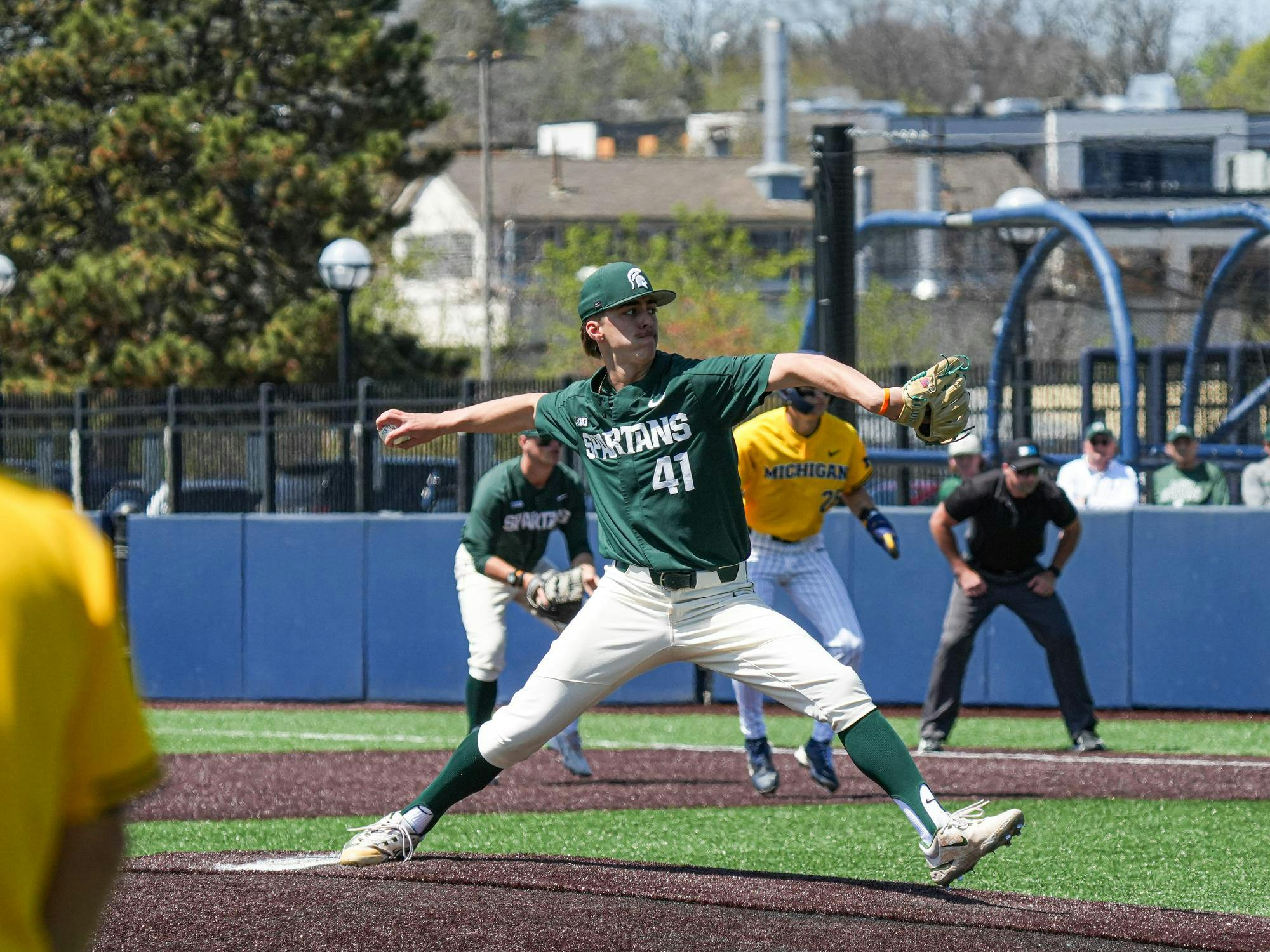 Junior RHP Nolan Higgins (41) fires towards the plate at Ray Fisher Stadium on April 27, 2025. Higgins lasted just 1/3 innings, allowing six earned runs.
