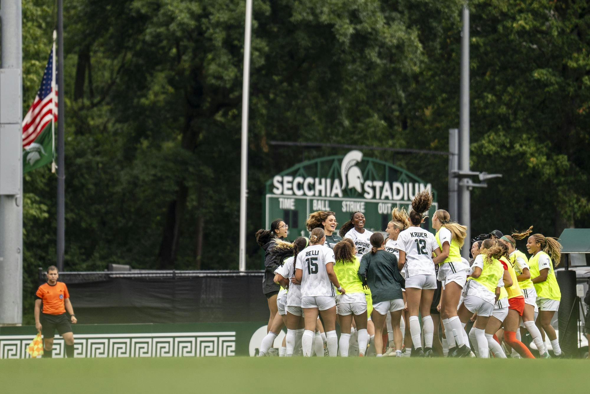 <p>Michigan State Spartans in a huddle during the Michigan State vs. Colorado women's soccer game at DeMartin Stadium in East Lansing, Mich., on Sunday, Aug. 30, 2026.</p>