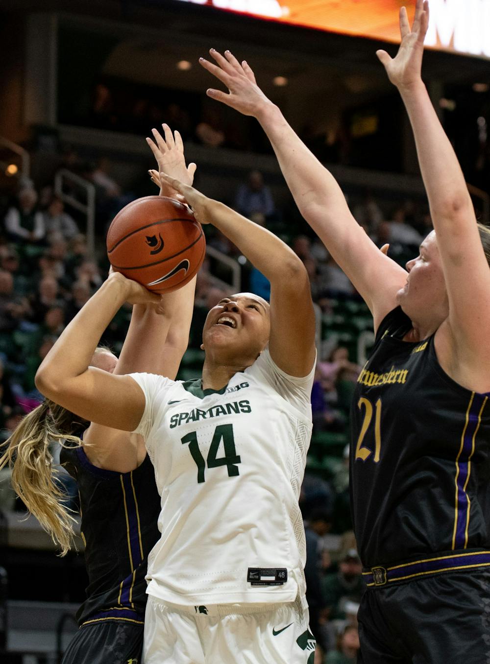 <p>Then-freshman forward Taiyier Parks (14) shoots from underneath the basket during the game against Northwestern Jan. 23, 2020 at the Breslin Center. The Spartans fell to the Wildcats, 76-48.</p>