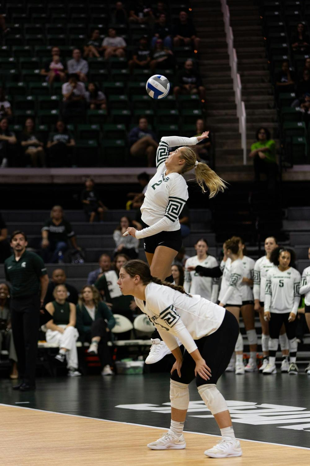 <p>Michigan State senior outside hitter Karolina Staniszewska (2) serves the ball during the Michigan State vs Western Michigan volleyball game at the Breslin Center on Tuesday, Sept. 8, 2026.</p>