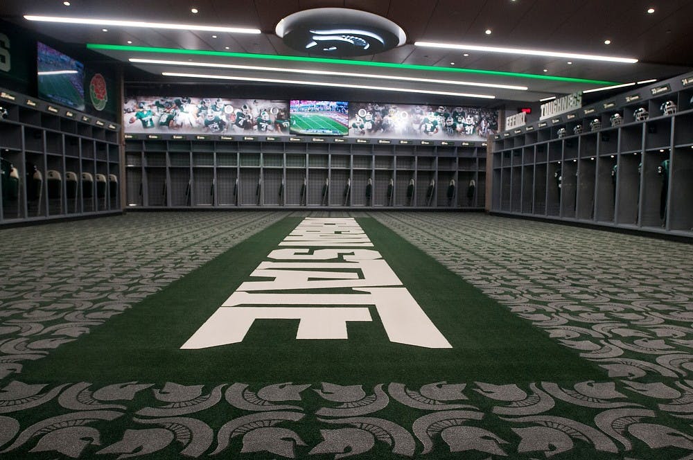<p>A new locker room at Spartan Stadium on Aug. 25, 2014. The $24 million renovation includes new locker rooms, a media center, a training room and a recruiting lounge. Aerika Williams/The State News</p>