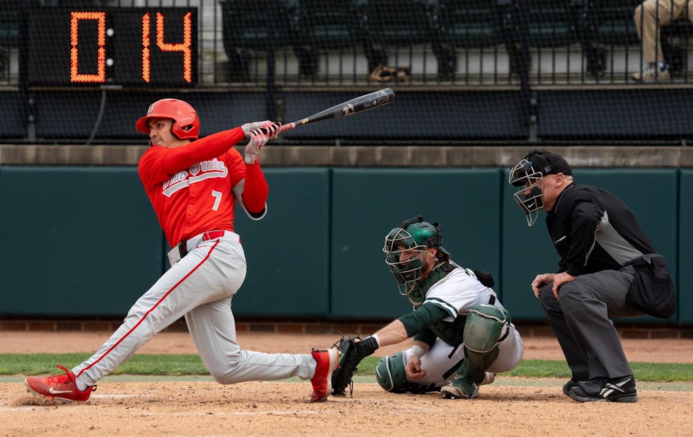 <p>Senior outfielder Nick Giamarusti (7) swings at McLane Stadium on April 19, 2025. </p>
