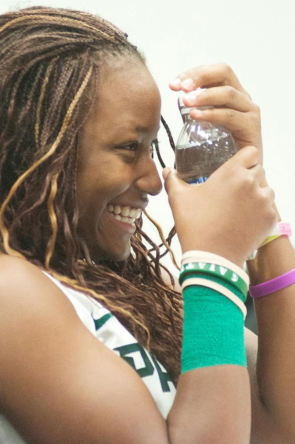 	<p>Sophomore guard Kiana Johnson smiles during media day Monday at Breslin Center. Justin Wan/The State News</p>