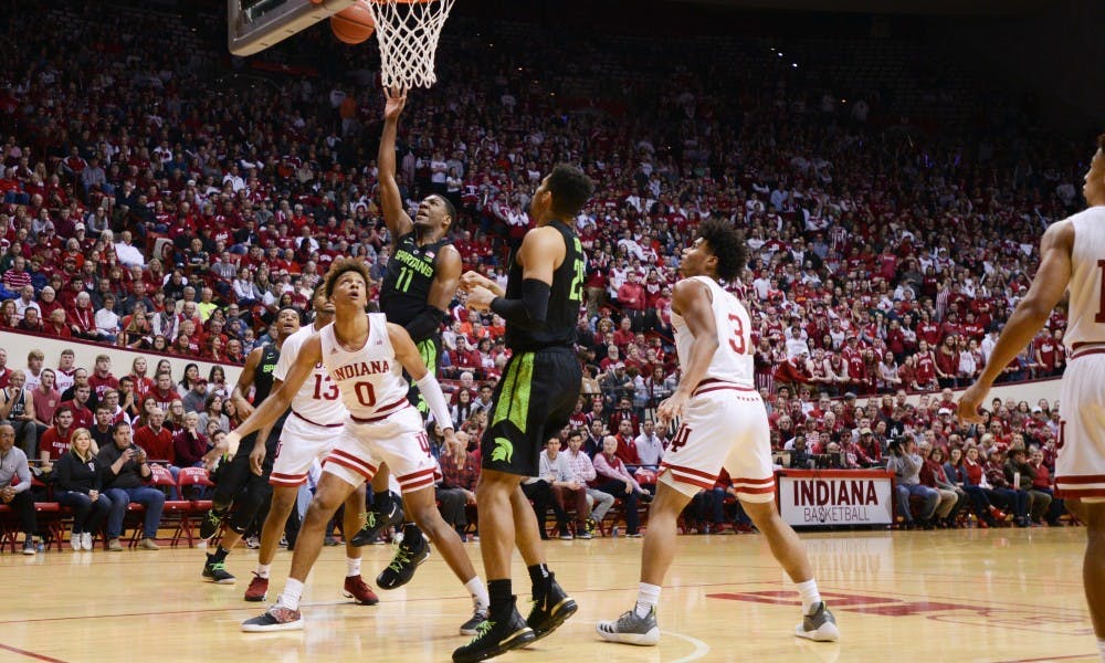 Freshman forward Aaron Henry (11) makes a shot during the game against Indiana at the Bloomington Assembly Hall Mar. 2, 2019. The Spartans fell to the Hoosiers, 63-62.