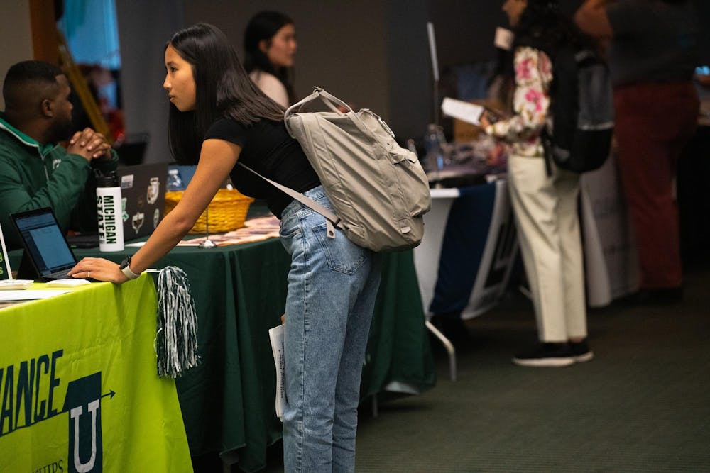 Students talking to employers at the MSU Local Job and Internship Fair held at the Spartan Stadium Office Tower on Sep 7, 2023. 