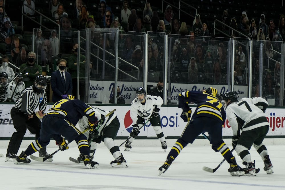 A face off between MSU and U of M on January 9, 2021 at the Munn Ice Arena. The Spartans defeated the Wolverines, 3-2.