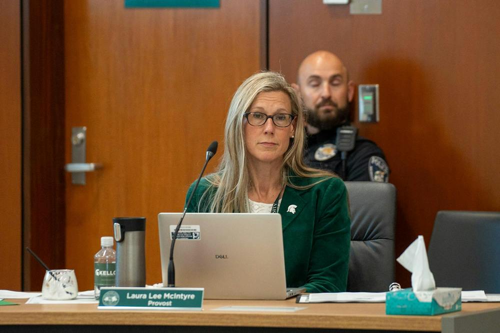 <p>MSU Provost Laura Lee McIntyre listens to members of the public during the MSU Board of Trustees meeting on Sept. 11, 2026.</p>