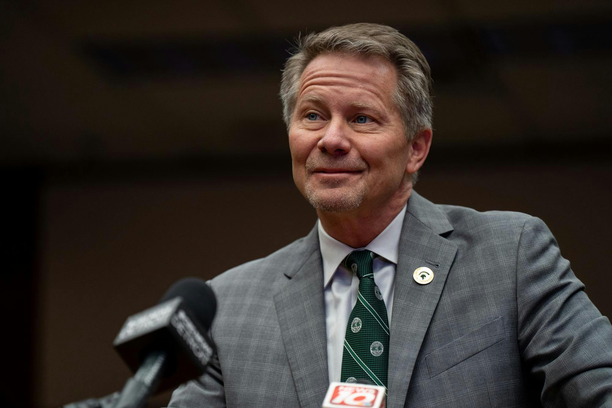 MSU President-elect Kevin Guskiewicz speaking with the media at the Hannah Administration Building on Dec. 11, 2023.  This was a chance for the media to meet Guskiewicz as he prepares to take the role of Michigan State University’s president on March 4, 2024.