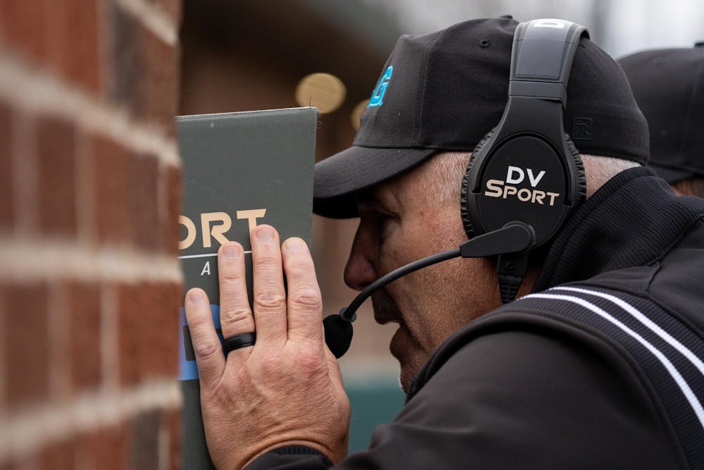 <p>Officials make a video review at McLane Stadium on April 19, 2025.</p>