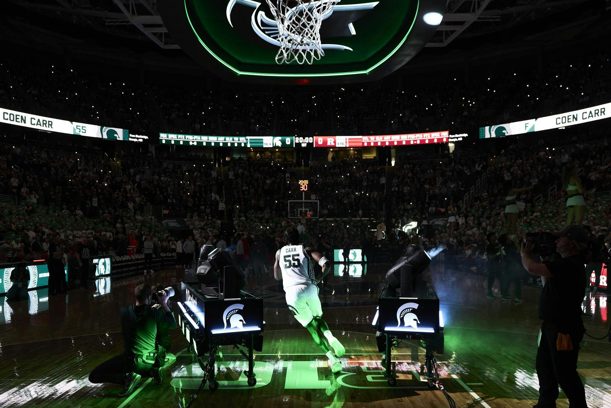 <p>Michigan State Spartans forward Coen Carr (55) enters the court ahead of a men’s basketball game against the Rutgers Scarlet Knights at the Breslin Center at Michigan State University in East Lansing, Mich., on Thursday, March 5, 2026.</p>
