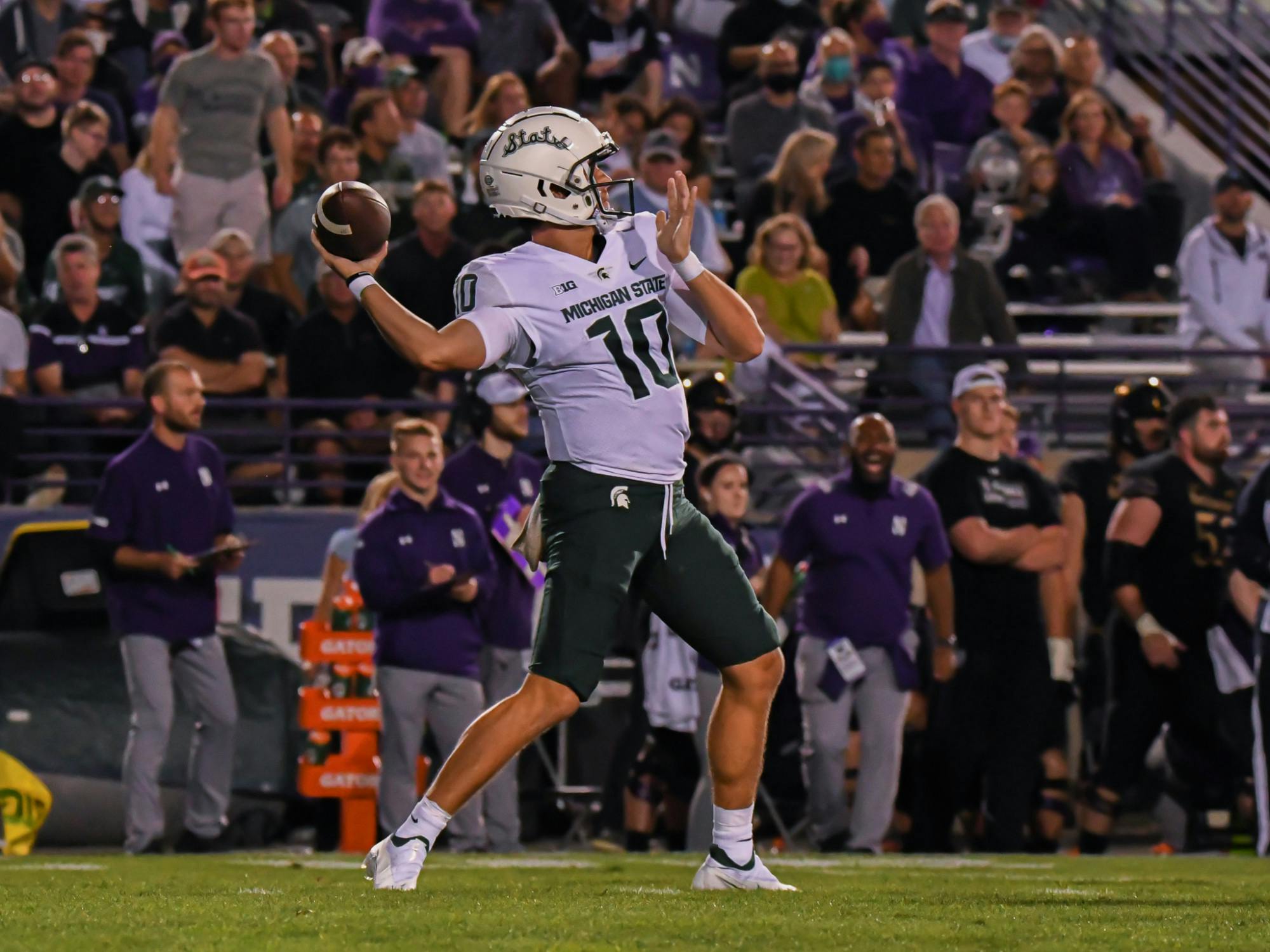 <p>Redshirt sophomore Payton Thorne throws a pass during the Spartans game against Northwestern. Michigan State won the season opener at Ryan Field 38-21, on Sept. 3, 2021.</p>