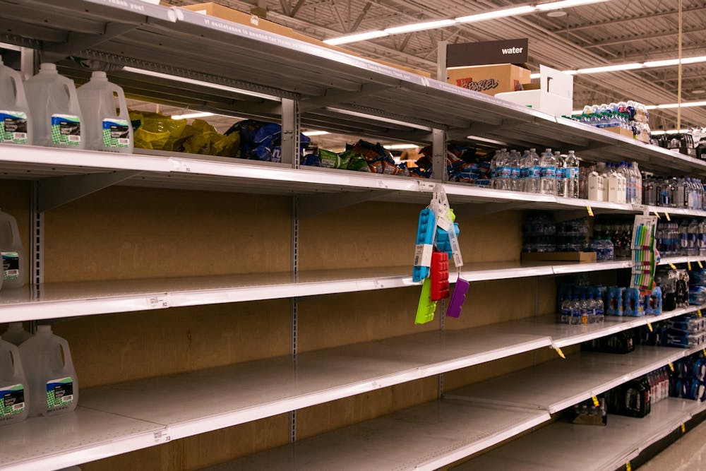 The water shelf at Meijer ran low March 12, 2020 after MSU cancelled classes due to coronavirus.
