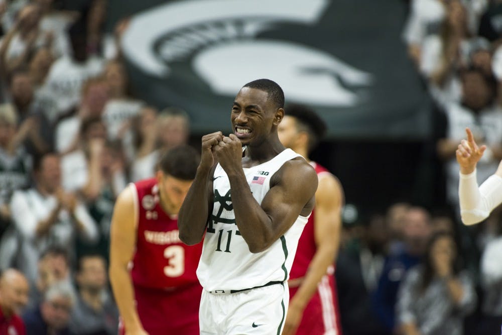Junior guard Lourawls 'Tum Tum' Nain Jr. (11) reacts to a play during the second half of men's basketball game against the University of Wisconsin on Feb. 26, 2017 at Breslin Center. The Spartans defeated the Badgers, 84-74.