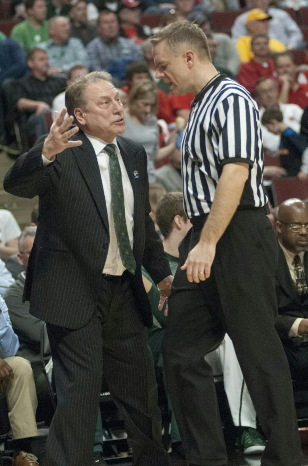 <p>Coach Tom Izzo argues with a referee over a foul call Mar. 14, 2015, during the game against Maryland at the Big Ten Tournament at United Center in Chicago. The Spartans defeated the Terrapins, 62-58. Kelsey Feldpausch/The State News</p>