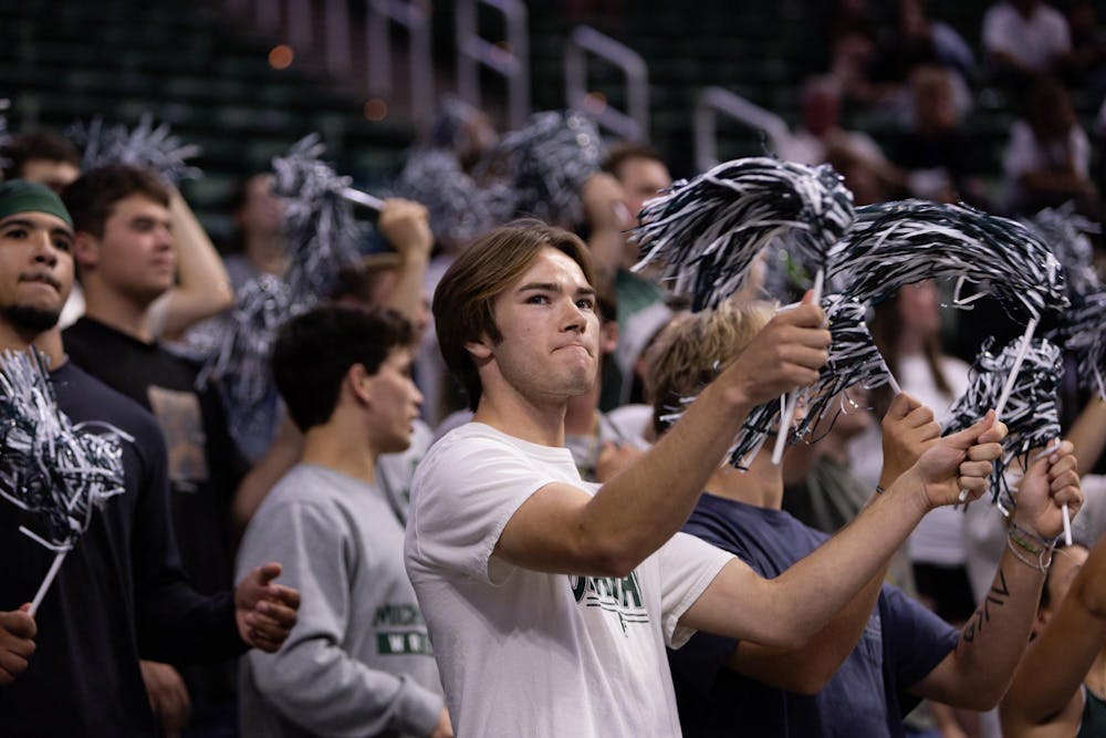 <p>A Michigan State student cheers during the Michigan State vs Western Michigan volleyball game at the Breslin Center on Tuesday, Sept. 8, 2026.</p>