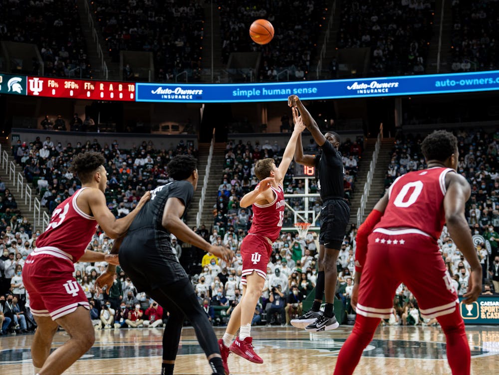 <p>Michigan State senior forward Gabe Brown (44) shoots the ball during Michigan State&#x27;s victory over Indiana on Feb. 12, 2022.</p>