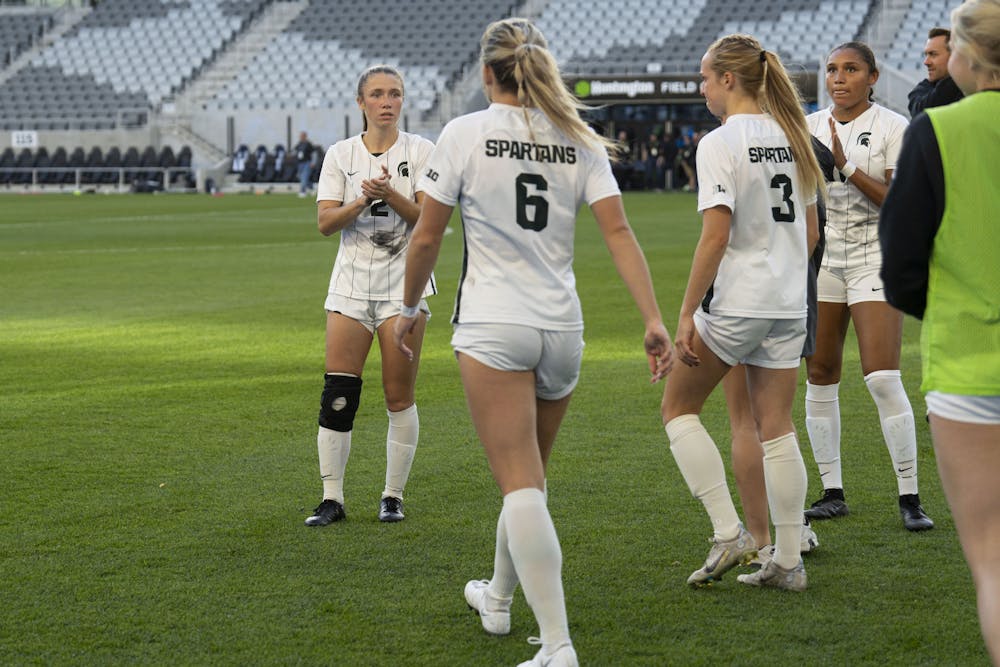 <p>Senior forward Lauren DeBeau waits for her team after losing to Penn State, 3-2, in the championship round of the B1G Tournament on Sunday, Nov. 6, 2022 at Lower.com Field in Columbus, Ohio. </p>