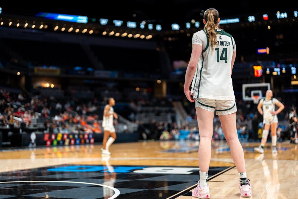 MSU Sr. F, Grace VanSlooten (14) prepares herself for the rest of her game in the Gainbridge Fieldhouse in Indianapolis, IN on March 5, 2026.