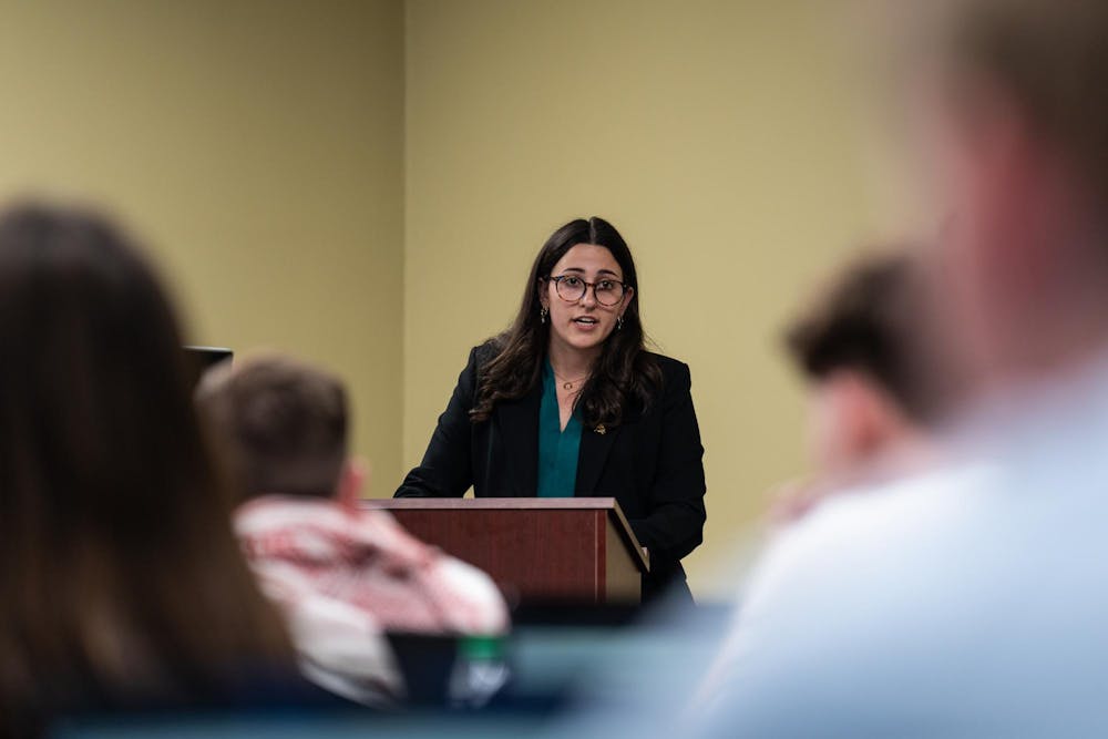 ASMSU current Vice President for Internal Administration and future ASMSU President, Maddie Hanes, gives her opening remarks regarding her race for president in the Student Affairs & Services building in East Lansing, MI on April 14, 2026.