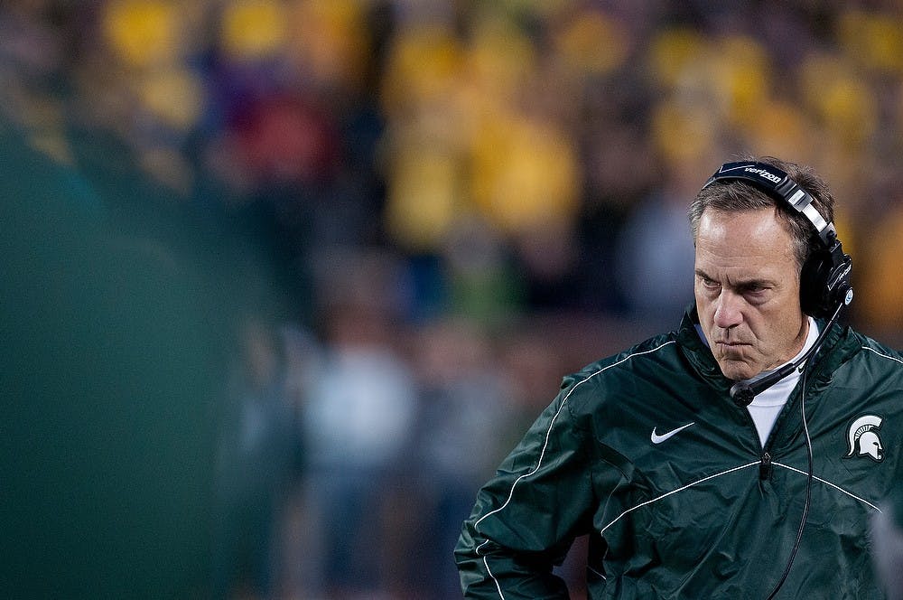 	<p><span class="caps">MSU</span> head coach Mark Dantonio reacts after Michigan place kicker Brendan Gibbons makes a game-winning field goal from the 38 yard line. Michigan defeated Michigan State, 12-10, on Saturday afternoon, Oct. 20, 2012, at Michigan Stadium in Ann Arbor, Mich. Justin Wan/The State News</p>